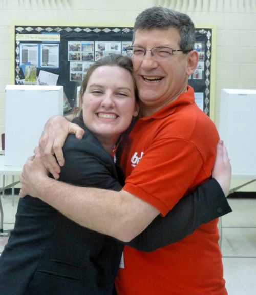 Kayley Kennedy sharing a hug with Hastings L&A MP Mike Bossio after winning the Liberal nomination in Lanark-Frontenac-Kingston
